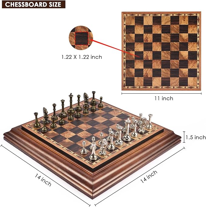 AMEROUS 14 inches Wooden Chess Set with Metal Chess Pieces / 2.5'' King/Storage for Chessmen/Gift Package/Instructions/Classic Board Game