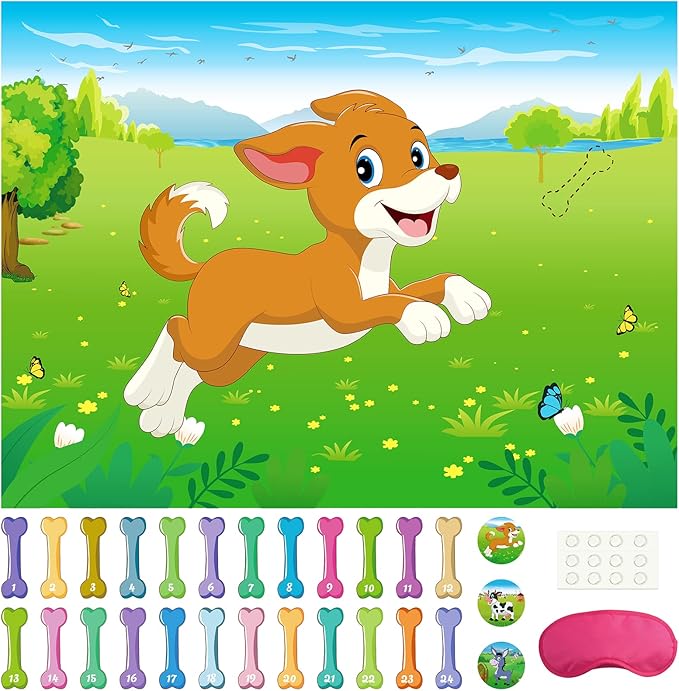 Morcheiong Pin The Tail on The Dog Birthday Party Game with 48pcs Bones, Give The Puppy A Bone Game for Kids' Dog Birthday Party Supplies