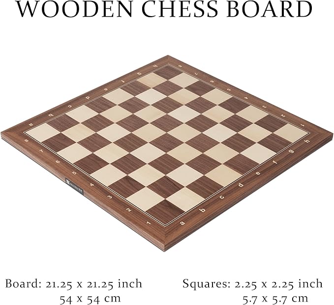 A&A 21.25" Professional Wooden Tournament Chess Board/Walnut & Maple Inlaid / 2.25" Squares w/Notation