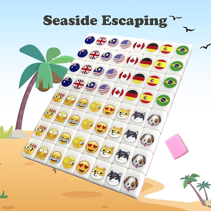 Seaside Escape Game Blocks， Mahjong Tile Game Sets with 65 Tiles 30mm Flag and Emoji Pattern with Handbag for Spring Picnic Party Gift.