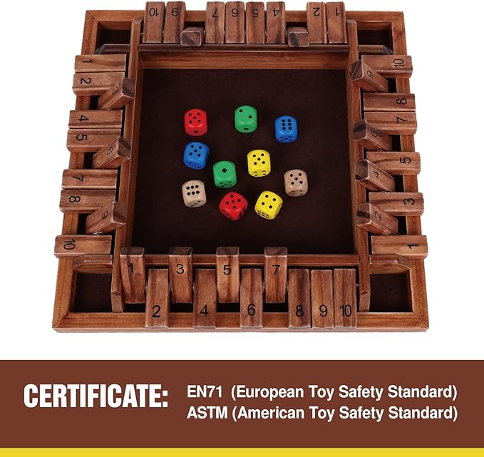 GOTHINK Shut The Box Dice Game, 2-4 Player 11.5-inch Wooden Board Table Math Game with 10 Dices - Math & Decision Skills for Adults/Kids, Perfect for Home Class Parties & Pubs - Classic Tabletop Fun