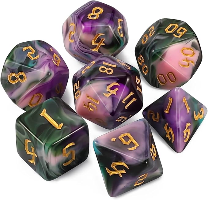 QMAY DND Dice Set -D&D Polyhedral Dice (7 Pcs) for Dungeons and Dragons (Purple Green Four Colors)