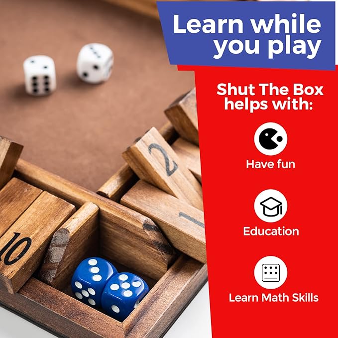 Wooden 1-4 Player Shut The Box Game Classic Dice Board Game for Kid & Adult