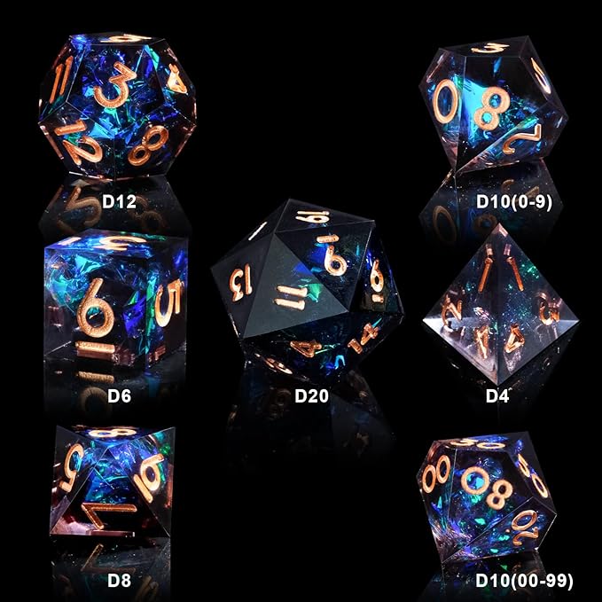 DND Dice Set Resin Sharp Edge Dice Set Handmade 7pcs Polyhedral Dice Set DND RPG MTG Role Playing Game Dice Set D&D Dice with Gift Case for DND Dungeons and Dragon (Light-Black)