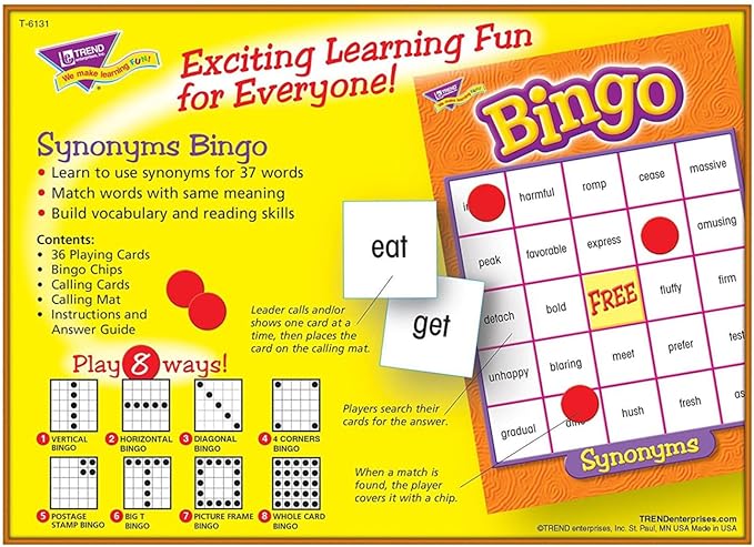 Trend Enterprises: Synonyms Bingo Game, Exciting Way for Everyone to Learn, Play 8 Different Ways, Perfect for Classrooms and at Home, 2 to 36 Players, for Ages 10 and Up