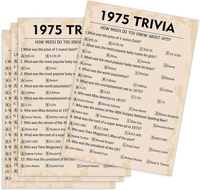 50th Birthday Party Games, 1975 Trivia Games, Birthday Party Supplies for Adults, Fun 1975s Party Game，Pack of 30 Cards