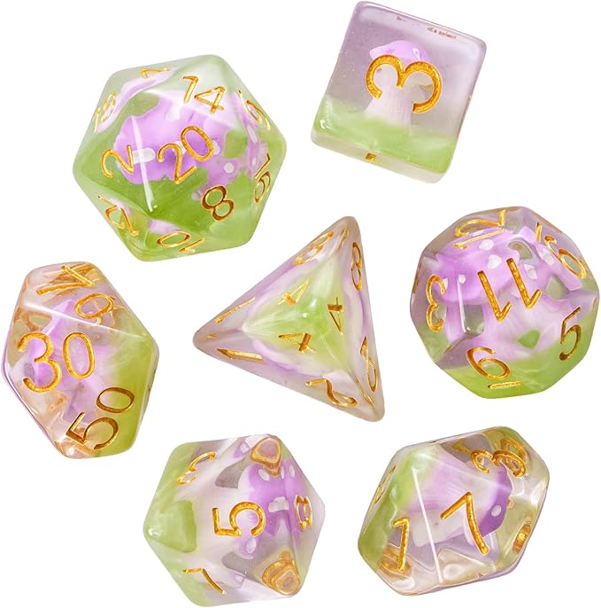 UDIXI Mushroom DND Dice Set, 7 Piece D&D Polyhedral RPG Dice for Dungeons and Dragons Role Playing Game and Other Tabletop Games (Purple)
