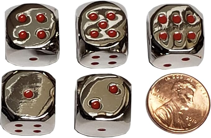 Set of (5) Solid Zinc Alloy Metal Polished Finish 16mm Dice, Rounded Corners with Black Velvet Cloth Pouch