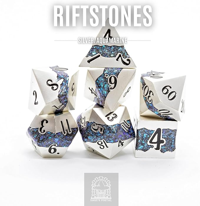 Sage's Portal Metal Riftstone DND Dice 7-PC Polyhedral Dice Set for DND TTRPG Dungeons and Dragons Pathfinder Oversized Designer Dice (Pearl Silver/Aquamarine)
