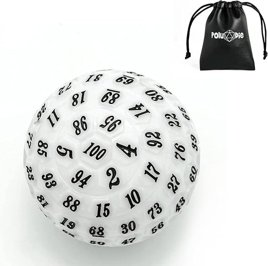 100 Sided Polyhedral Dice, Single D100 Game Dice, 100 Sided Cube with Black Pouch, D100 die 48 mm (White with Black Number)