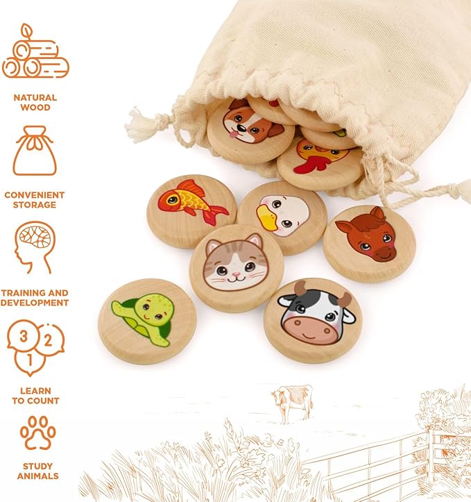 Ulanik Domestic Animals Matching Memory Game for Toddlers Age 3 + Year Old Preschool Wooden Board Games for Kids 4-8 Learning & Education Toys — 30 Chips, 1.57 in