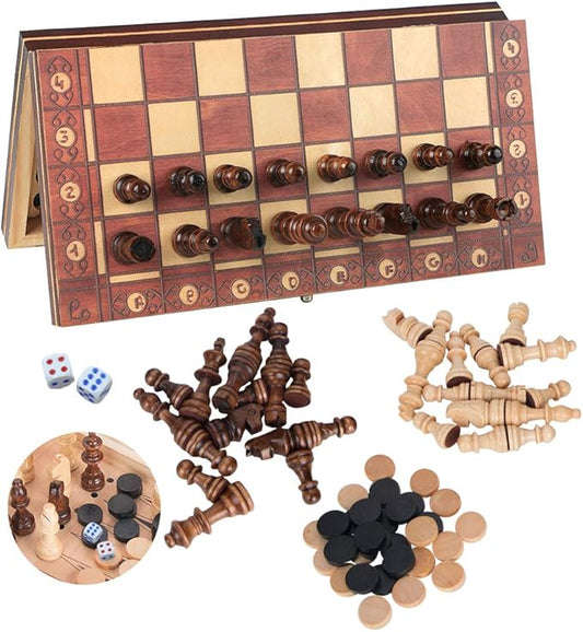 3-in-1 Chess Set Include Chess Checkers Backgammon 11 inch Wooden Board Game Set with Foldable Portable Case for Adults Travel Outdoor