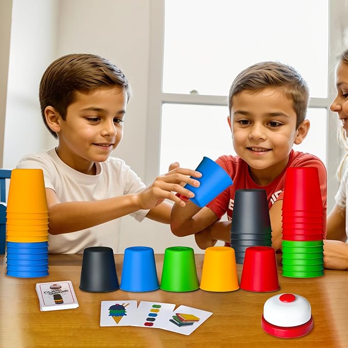 Quick Stacking Cups Game for Kids - Classic Matching Speed Cup With 24 Cards & 30 Cups - Parent-Child Interactive Family Game for Party or Travel
