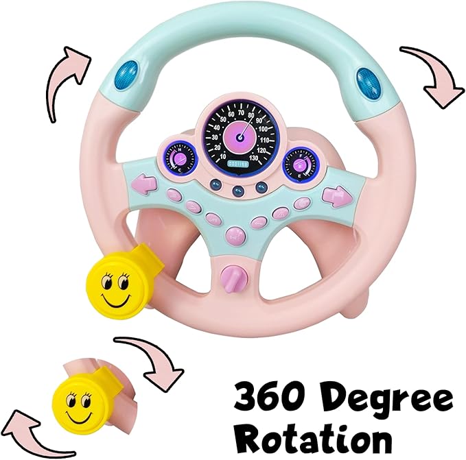 Kids Steering Wheel Toy for Car with Light and Music,Suction Cups Base-Interactive Simulated Driving Toy Steering Wheel for Kids Boys Girls,Pink