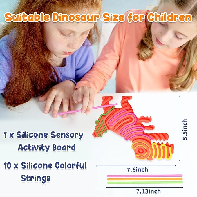 Dinosaur Sensory Activity Board for Kids, Double-Sided Silicone Fidgets Toys - Silent, No Mess, for Calming, Stress Anxiety, ADHD&Autism - Includes Portable Travel Bag & 10 Strings, Orange