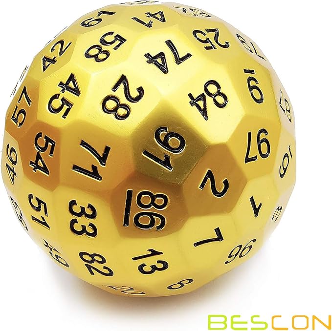 Bescon Solid Metal 100 Sided Dice, Game Dice D100, Giant Polyhedral Metal 100 Sides Dice 50MM in Diameter (1.97in), Matt Golden