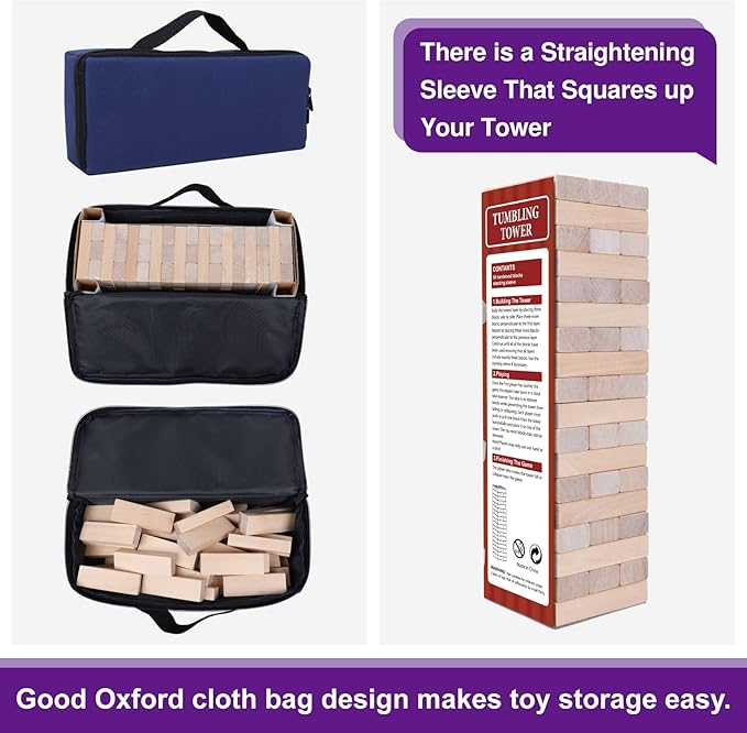 GOTHINK Tumble Tower Game for Kids and Adults, 54pcs Wooden Board Stacking Game for Family Games Night, Classical Wood Blocks Game, Standard Size with Storage Bag