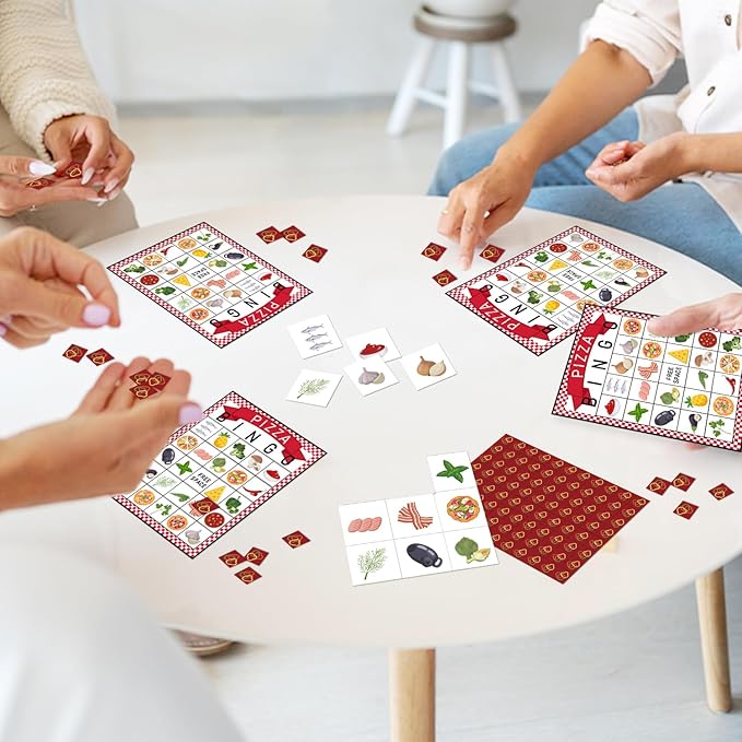 Pizza Party Bingo Game 24 Players Pizza Party Time Bingo Cards for Women Man Birthday Favors for Family Holiday Party Activity Supplies Party Decoration Game- JK0101