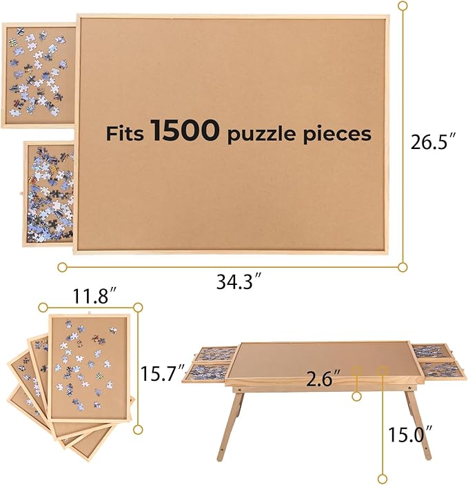 Puzzle Board 1500 Pieces,34.3”x 26.5” Jigsaw Puzzle Table with 4 Drawers and Cover,Portable Board GameTable with Folding Legs for Adults and Teens