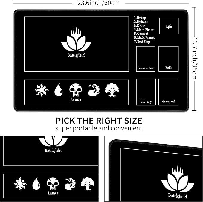 MTG Playmat Stitched with Magic Zone Non-Slip Rubber Backing Printing Commander Board Game Desk Mat Duel Mat TCG PTCG Playmat 24x14 inches and Free Storage Bags (Black)