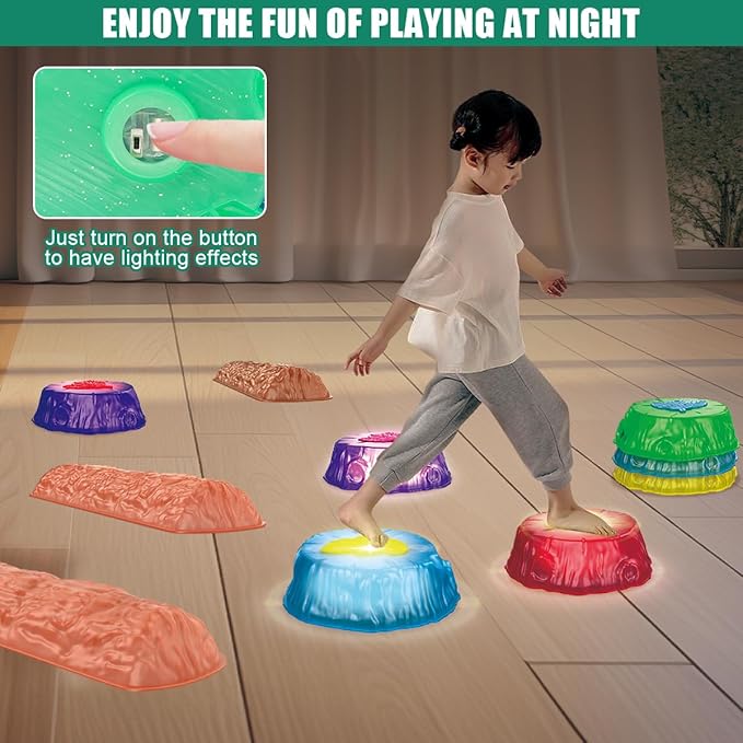 Light Up Stepping Stones for Kids Toddler - 8PCS Non-Slip Stackable Plastic Sensory Stepping Stones, Preschool Obstacle Course Balance Board Game, Gross Motor Energy Toys for Indoor Outdoor