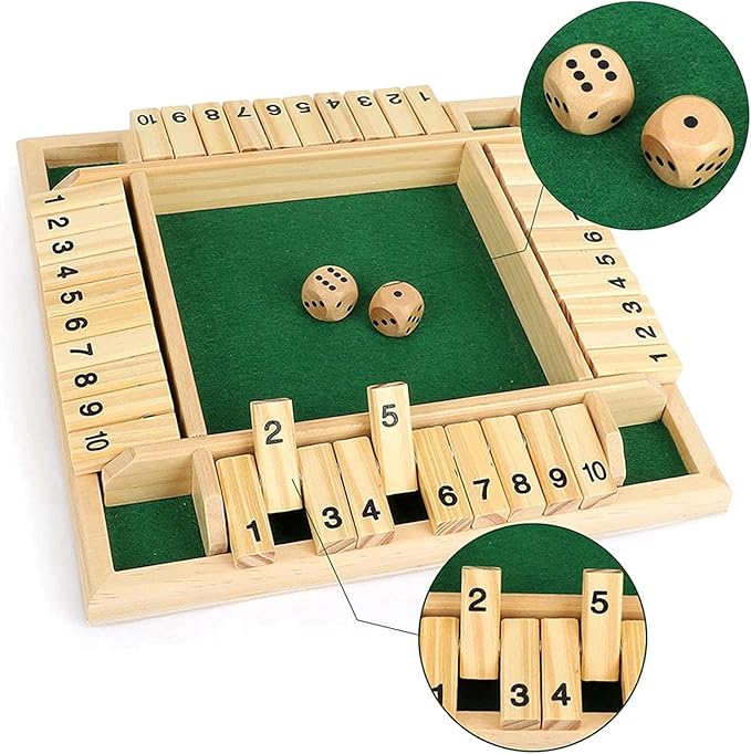 Shut The Box Game 4 Player, Shut The Box Dice Game Wooden Board Table Close The box 10 Numbers 2 Dices Classics Close The Box Board Game for Adults Kids, Family Classroom Home or Bar, Green