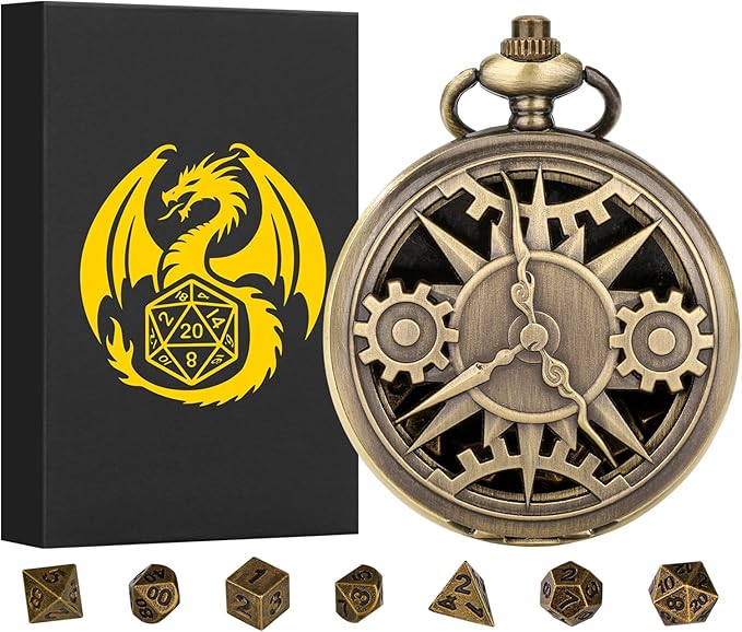 Mini DND Dice Set with Bronze Steampunk Hollow Pocket Watch Shell Case, 7pcs Polyhedral Metal D&D Dice Set, DND Gifts with Gift Box, Role Playing Board Games DND Accessories