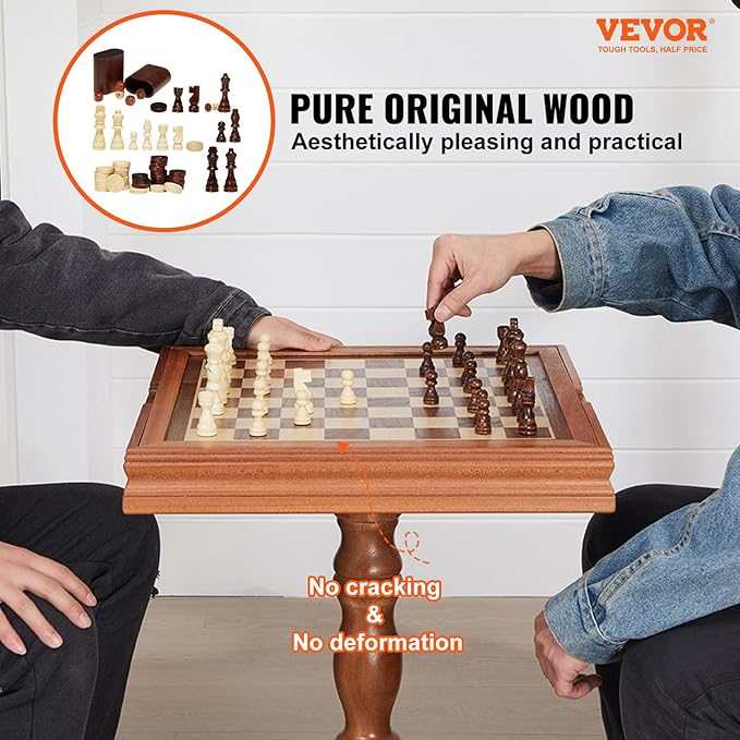 VEVOR 3-in-1 Chess Checkers Backgammon Table Set, 18 Inch Premium Wooden Chess Table, Deluxe Combo Game Table Furniture Set, Chess Set Board Game Gift for Family Board Games