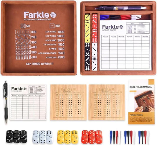 Farkle Dice Tray and Storage Case - Includes Embedded Scoring Combinations, 4 Sets of 6 Pearl Dice, 50 Sheet Score, 2 Scoreboards, 12 Scoring Sticks, and a Pen for The Classic Family Games (Brown)