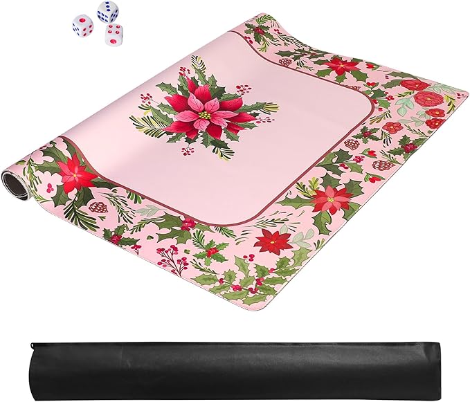 Large Mahjong Mat with Red & Green Floral Print, Anti-Slip, Noise-Reducing Table Cover for Mahjong, Poker, Board Games, Dominoes, and Card Games (31.5” x 31.5”)