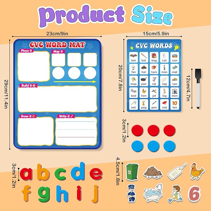 CVC Word Games Phonics Games, Magnetic Dry Erase Board, Refrigerator Fridge Magnets for Kids, Toddler Alphabet Learning Toys ABC Letter Games, Speech Therapy Spelling Reading Games