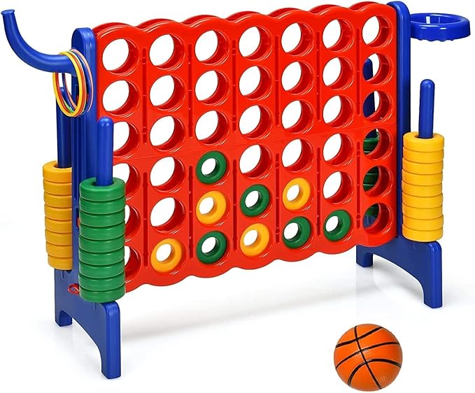Giant 4 in a Row Connect Game, Jumbo 4 to Score Game Set w/ 42 Chess Rings, Basketball & Hoop, Toss Rings & Quick-Release Lever, Indoor & Outdoor Family Party Game for Kids & Adults