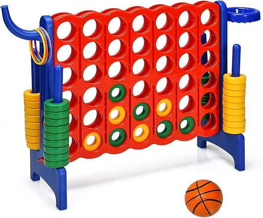 Giant 4 in a Row Connect Game, Jumbo 4 to Score Game Set w/ 42 Chess Rings, Basketball & Hoop, Toss Rings & Quick-Release Lever, Indoor & Outdoor Family Party Game for Kids & Adults