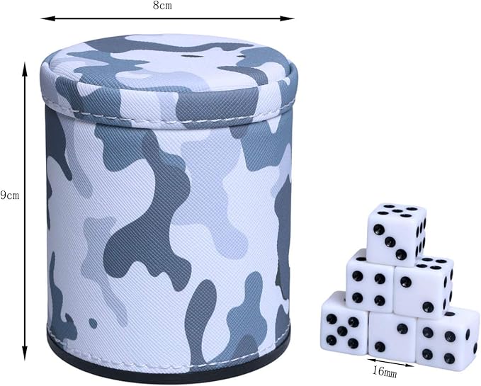 PU Leather Dice Cup with 6 Dice, Felt Lined Interior Quiet Shaker for Liars Dice/Farkle/Yahtzee Game, Camouflage Patterns