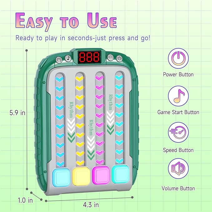 Rhythm Machine With Music and Light, Travel Handheld Puzzle Game, Fast Press Push Fidget Toy for Kids Aged 3-16 Years Old, AA Battery Operated