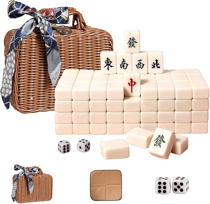 VPH Travel Chinese Mahjong Set Ivory 144 Sheets with Rattan Box and Tablecloth (Ivory)