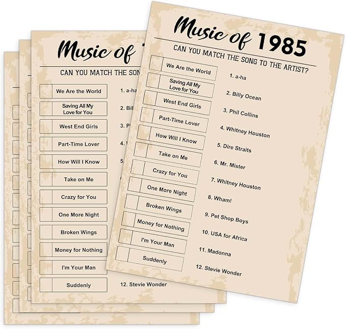 QUPT 40th Birthday Party Games, Music of 1985 Games, Birthday Party Supplies for Adults, Fun 1985s Party Game，Pack of 30 Cards