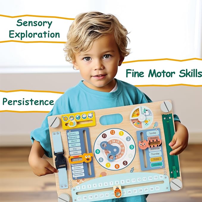 Montessori Busy Board for Toddlers 1-3, Double-Sided Wooden Sensory Toys, Preschool Learning Activities for Fine Motor Skills Travel Toy for 1 2 3 Years Old Kids Boys Girls (Style 1)