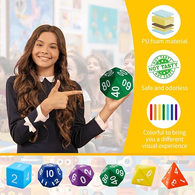 6 Pcs Jumbo Polyhedra Dice 3.94 Inch Jumbo Foam Polyhedral Dice 6 Set 4, 6, 8, 10, 12 Sides Gifts for Games Teach Numbers Addition Subtraction Probability Learning, Multicolor