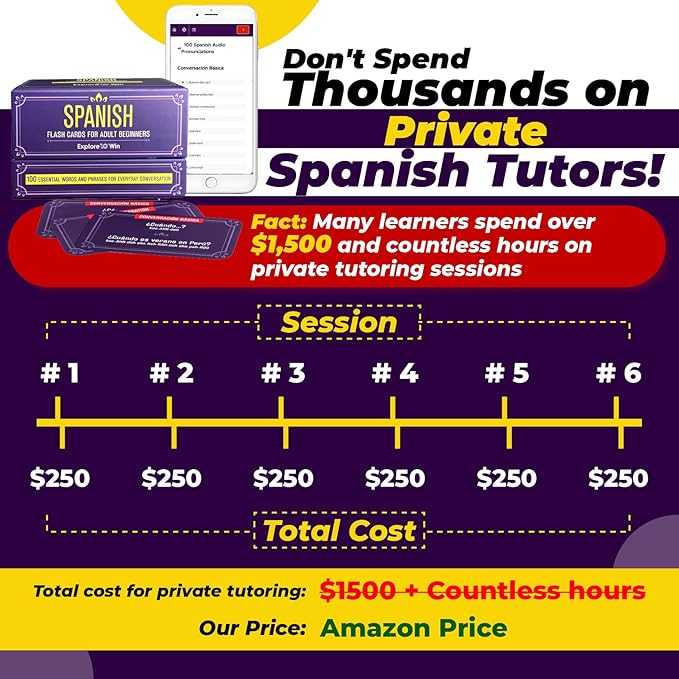 Learn Spanish Flash Cards for Adults & Kids – 3-in-1 Set: 100 Physical Flashcards + 100 Audio Files + eBook with 1,000 Phrases | Practice Common Spanish Verbs, Words & Phrases in Just 10 Minutes a Day