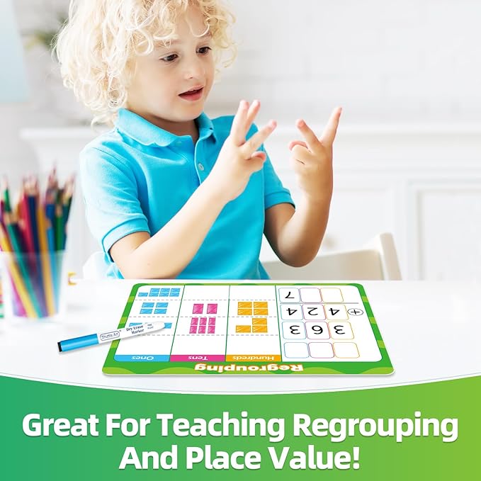 12 PCS Place Value Chart Dry Erase Flash Cards, Addition and Subtraction Learning Math Games for Kids, Base Ten Board Math Manipulatives 1st 2nd 3rd Grade Teacher Classroom Must Haves