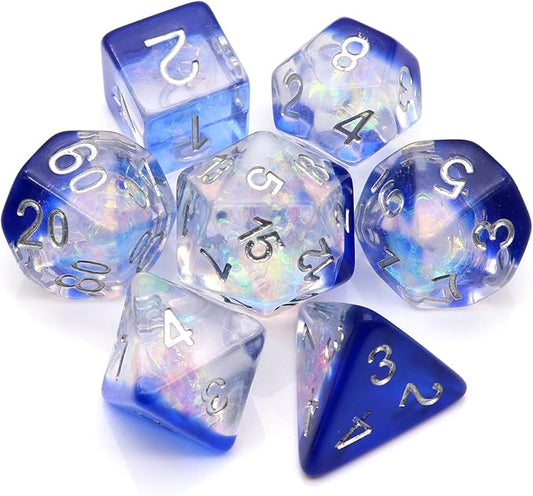 Haxtec Resin DND Dice Set 7PCS Blue Clear Iridecent Mylar Polyhedral D&D Dice for Roleplaying Dice Games as Dungeons and Dragons-Blue Clear Galaxy