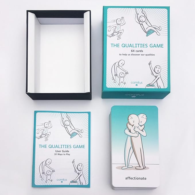 The Qualities Game | 64 flashcards with 256 Human Qualities | Non-Violent Communication Teaching Tool | Build Self-Esteem | School | Team Management | Therapy
