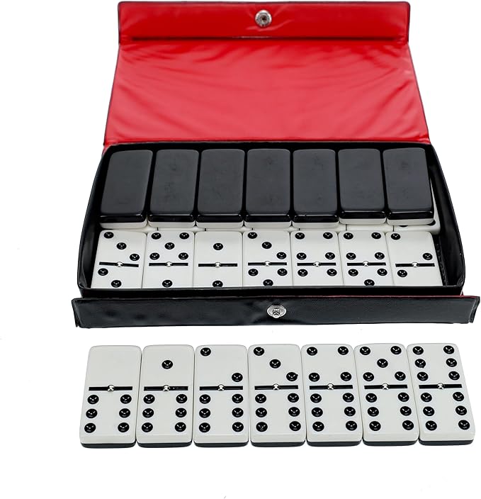 WE Games Two-Toned Black & White Double 6 Dominoes with Spinners - Ideal Size, Vintage Style Case, Family and Adult Board Games