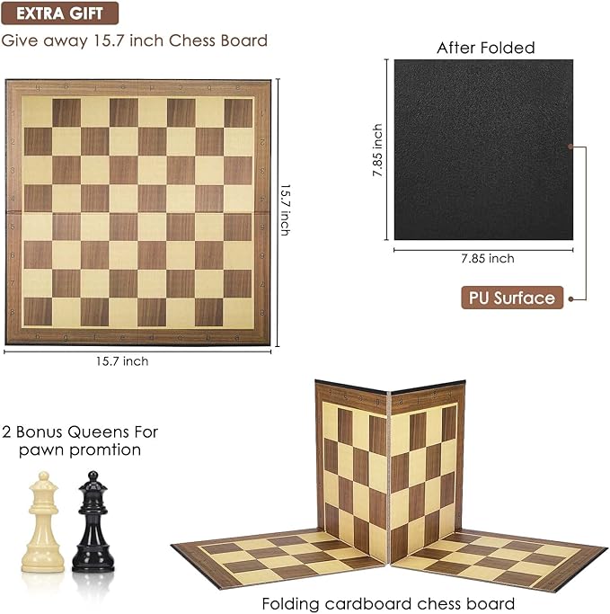 AMEROUS Upgraded Weighted Chess Pieces with 3.0 Inch King/Extra Bonus Folding Portable 15 inch Chess Board / 2 Extra Queens / 2 Storage Bag for Chessmen/Chess Board Game for Beginner