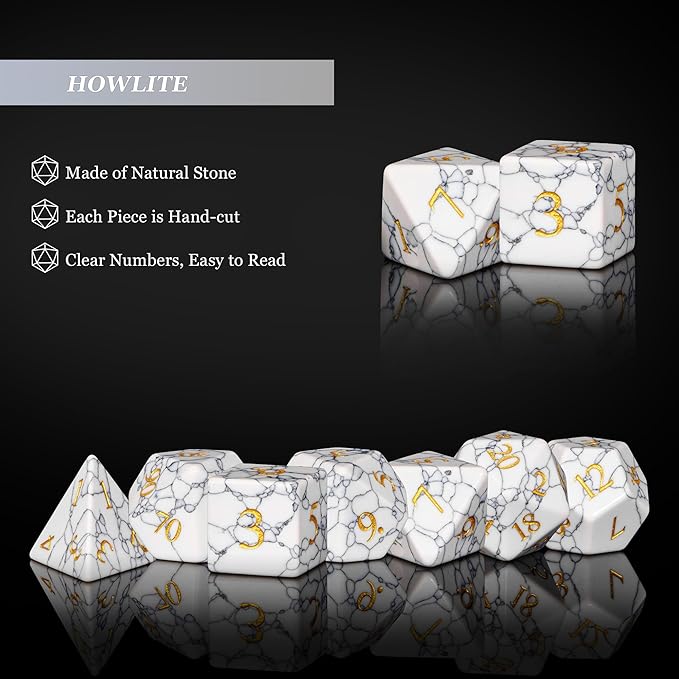 UDIXI Howlite Stone Dice Set D&D 7PCS Gemstone Dice Polyhedral DND Dice with Gift Case for Dungeons and Dragons Role Playing Games Tabletop Games