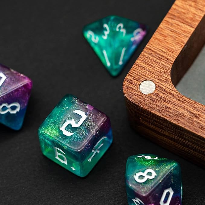7-Die DND Dice Set Polyhedral Dice Set with a Leather Bag, D&D Dice Set for Dungeons and Dragons, RPG, MTG Table Games (Rose Blue w/Glitter)