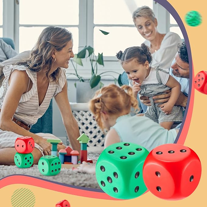 Zomiboo 2 Pcs Large Foam Dice Stress Balls Soft Jumbo 6 Sided Giant Dice Educational Learning Squeeze Anxiety Relieve Toy Gifts for Adults Kids Board Game Classroom(Red, Green,2.3 Inch)