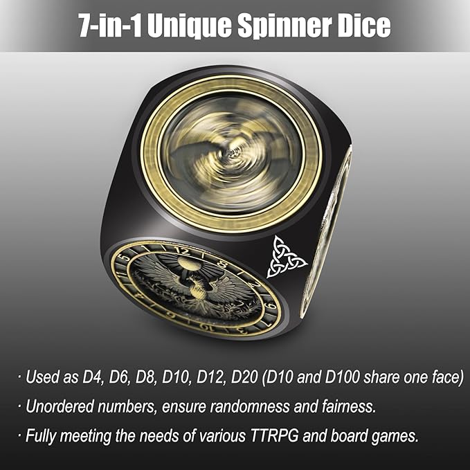 DND Spinner Dice, 7 in 1 Unique Metal Dice Set with 3D Relief for Dungeons and Dragons Gifts, Cool Polyhedral Role Playing Game Dice, Fantasy D&D Tabletop RPG Accessories for DM & Player (Black)