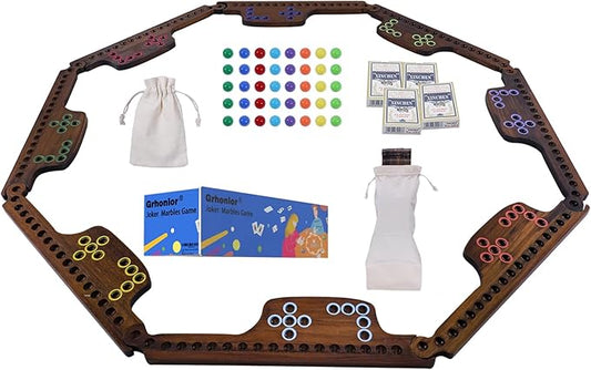 Marbles and Jokers Board Game Pegs and Jokers Real Solid Wood (Pine) Game Board Wooden for 2-8 Players 8 Game Boards 8 Colors 40 Marbles 4 Boxes Card(Vintage Flame)